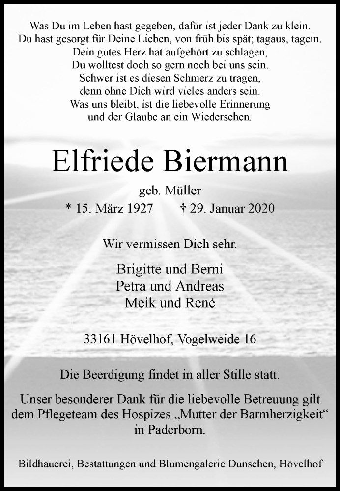  Traueranzeige für Elfriede Biermann vom 31.01.2020 aus Westfalen-Blatt