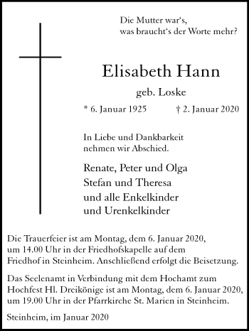 Traueranzeige von Elisabeth Hann von Westfalen-Blatt
