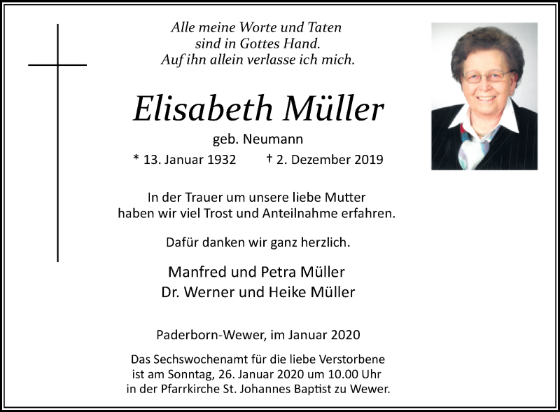  Traueranzeige für Elisabeth Müller vom 18.01.2020 aus Westfalen-Blatt