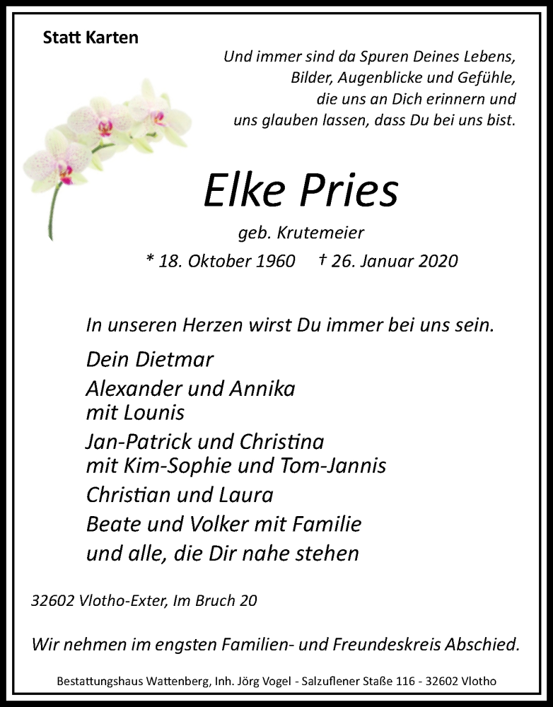  Traueranzeige für Elke Pries vom 29.01.2020 aus Westfalen-Blatt