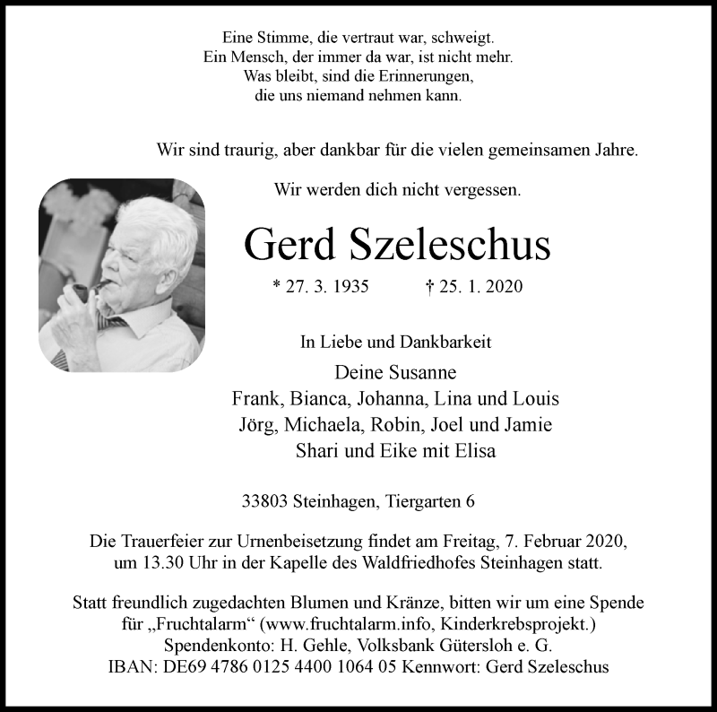  Traueranzeige für Gerd Szeleschus vom 29.01.2020 aus Westfalen-Blatt