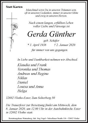 Traueranzeige von Gerda Günther von Westfalen-Blatt