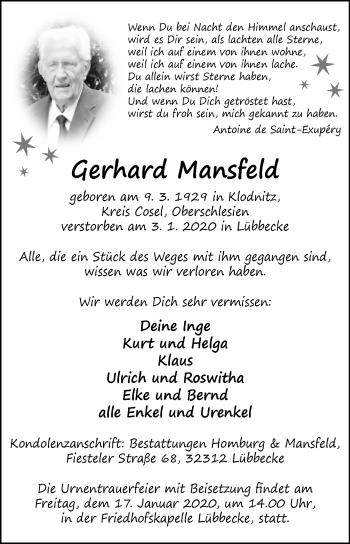 Traueranzeige von Gerhard Mansfeld von Westfalen-Blatt