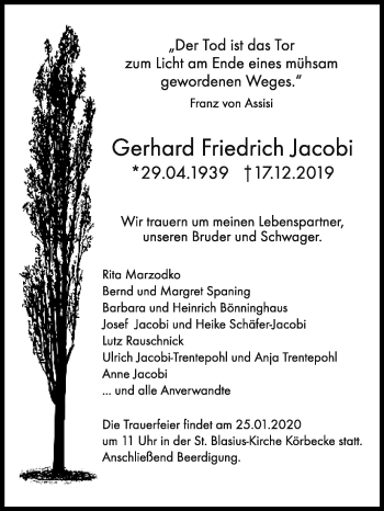 Traueranzeige von Gerhard Friedrich Jacobi von Westfalen-Blatt