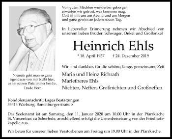 Traueranzeige von Heinrich Ehls von Westfalen-Blatt