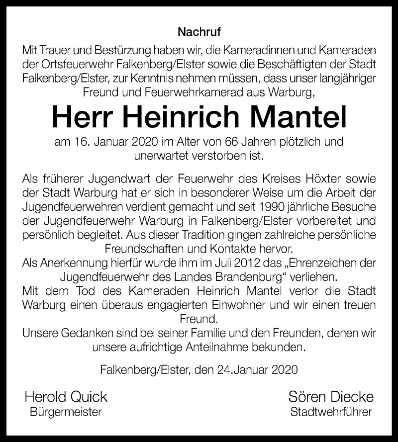  Traueranzeige für Heinrich Mantel vom 29.01.2020 aus Westfalen-Blatt