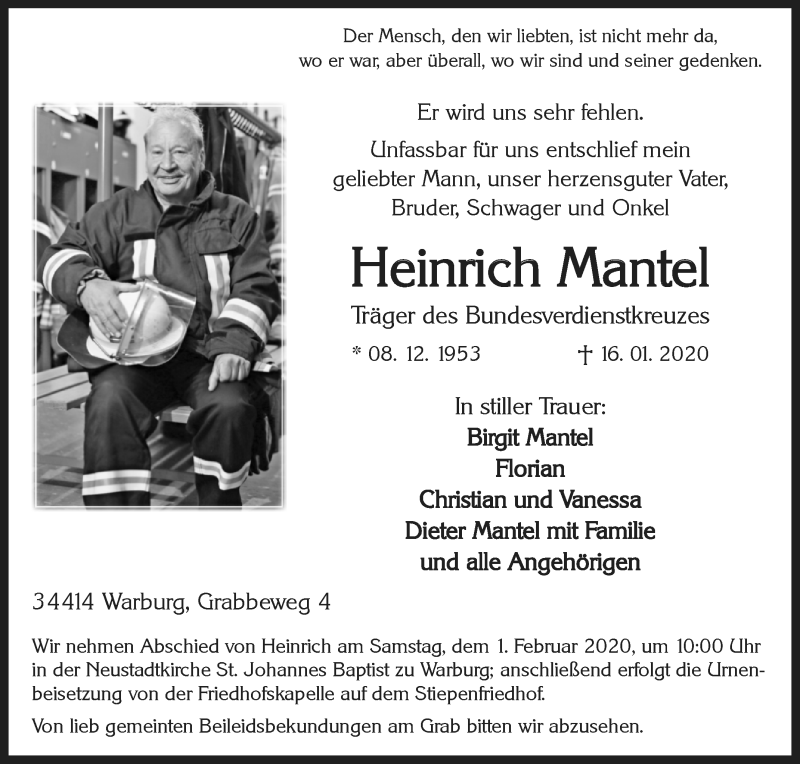  Traueranzeige für Heinrich Mantel vom 25.01.2020 aus Westfalen-Blatt