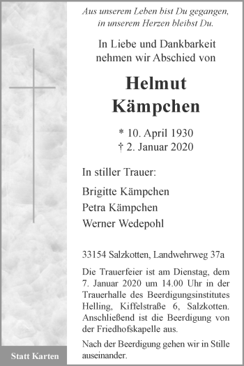 Traueranzeige von Helmut Kämpchen von Westfalen-Blatt