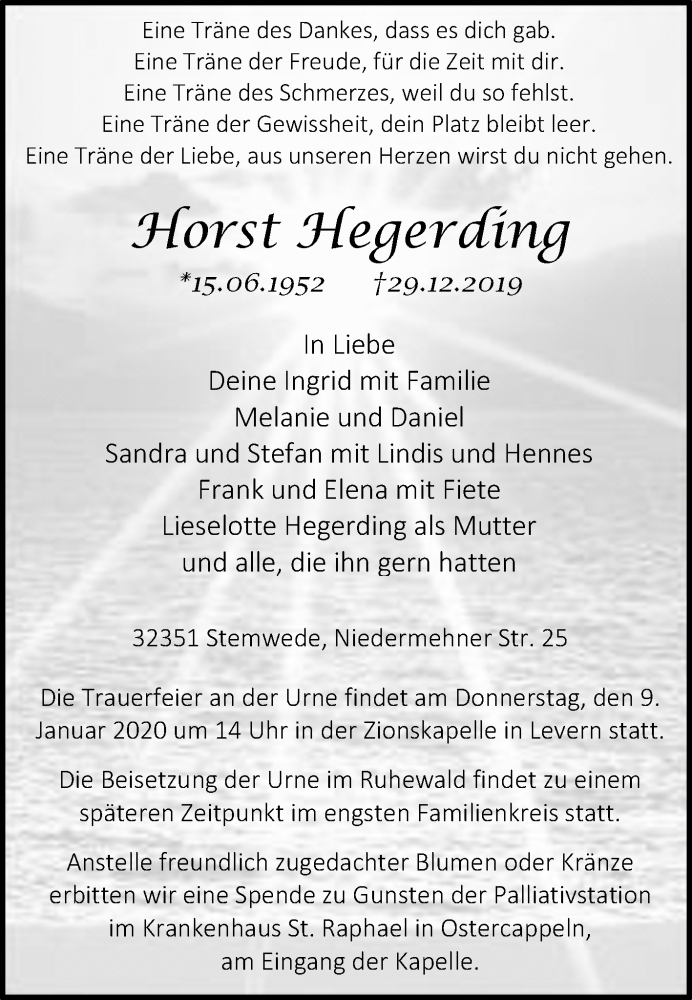  Traueranzeige für Horst Hegerding vom 04.01.2020 aus Westfalen-Blatt