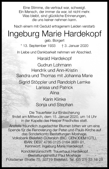 Traueranzeige von Ingeburg Marie Hardekopf von Westfalen-Blatt
