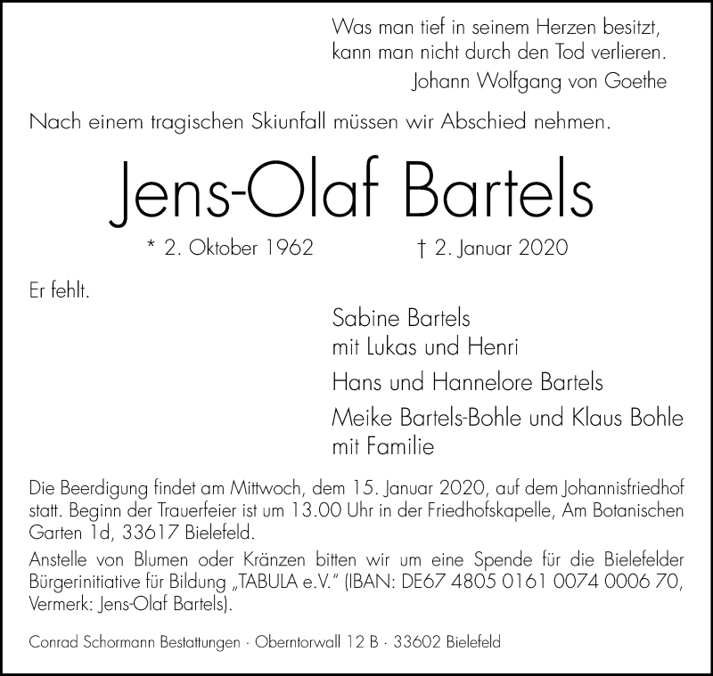  Traueranzeige für Jens-Olaf Bartels vom 11.01.2020 aus Westfalen-Blatt