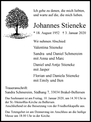 Traueranzeige von Johannes Stieneke von Westfalen-Blatt