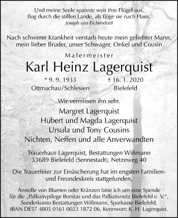 Traueranzeige von Karl Heinz Lagerquist von Westfalen-Blatt