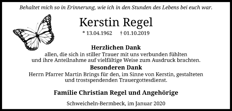  Traueranzeige für Kerstin Regel vom 24.01.2020 aus Westfalen-Blatt
