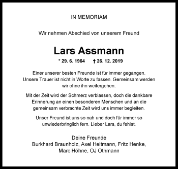 Traueranzeige von Lars Assmann von Westfalen-Blatt