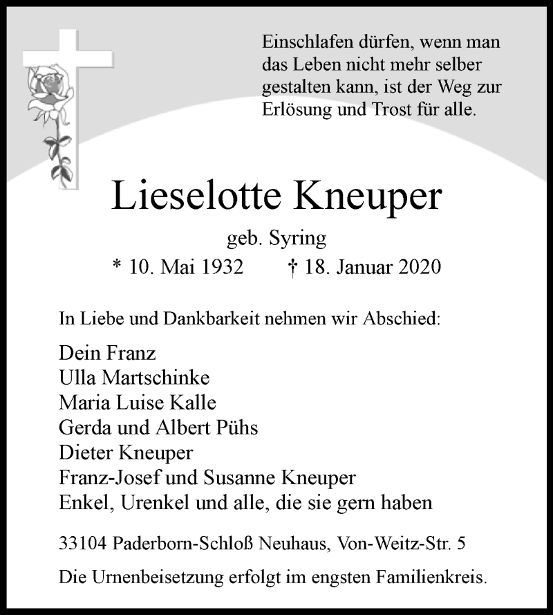  Traueranzeige für Lieselotte Kneuper vom 25.01.2020 aus Westfalen-Blatt