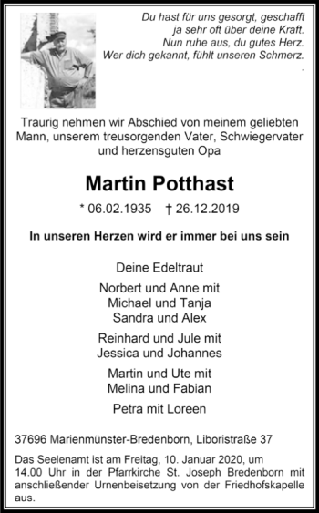 Traueranzeige von Martin Potthast von Westfalen-Blatt