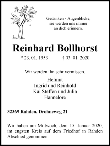 Traueranzeige von Reinhard Bollhorst von Westfalen-Blatt