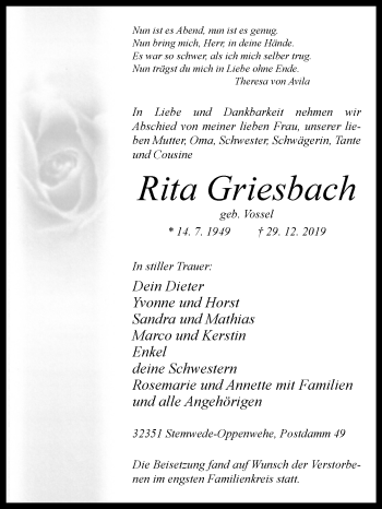 Traueranzeige von Rita Griesbach von Westfalen-Blatt