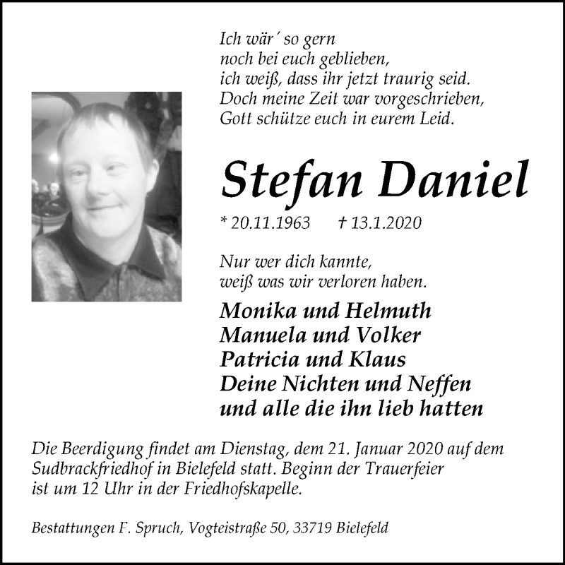  Traueranzeige für Stefan Daniel vom 18.01.2020 aus Westfalen-Blatt