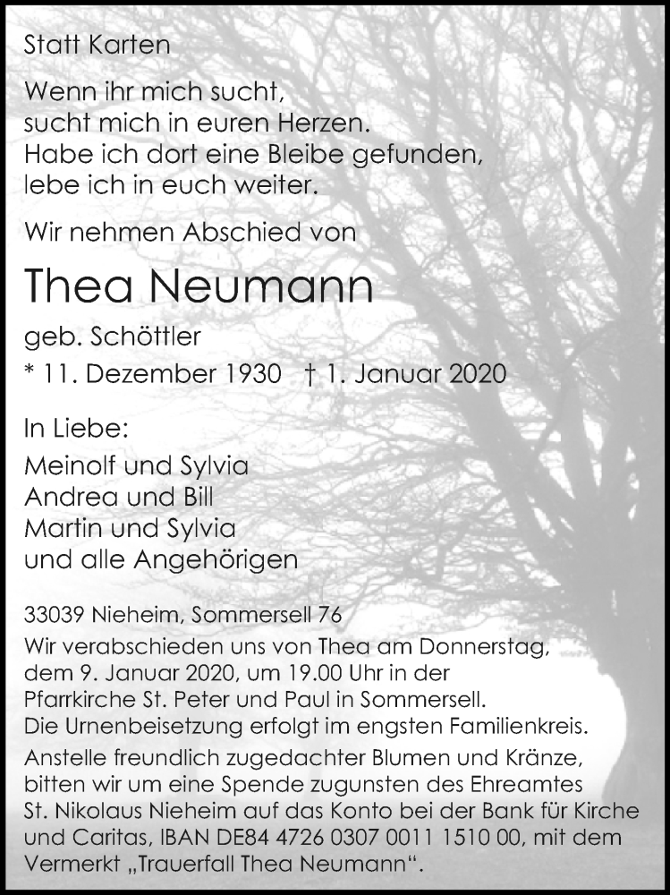  Traueranzeige für Thea Neumann vom 04.01.2020 aus Westfalen-Blatt