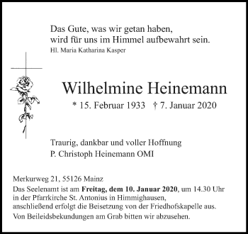 Traueranzeige von Wilhelmine Heinemann von Westfalen-Blatt