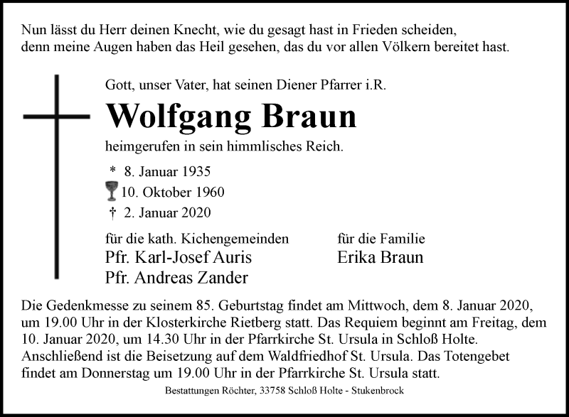  Traueranzeige für Wolfgang Braun vom 04.01.2020 aus Westfalen-Blatt