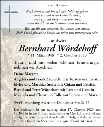 Traueranzeige von Bernhard Wördehoff von Westfalen-Blatt