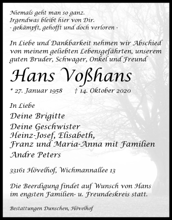 Traueranzeige von Hans Voßhans von Westfalen-Blatt