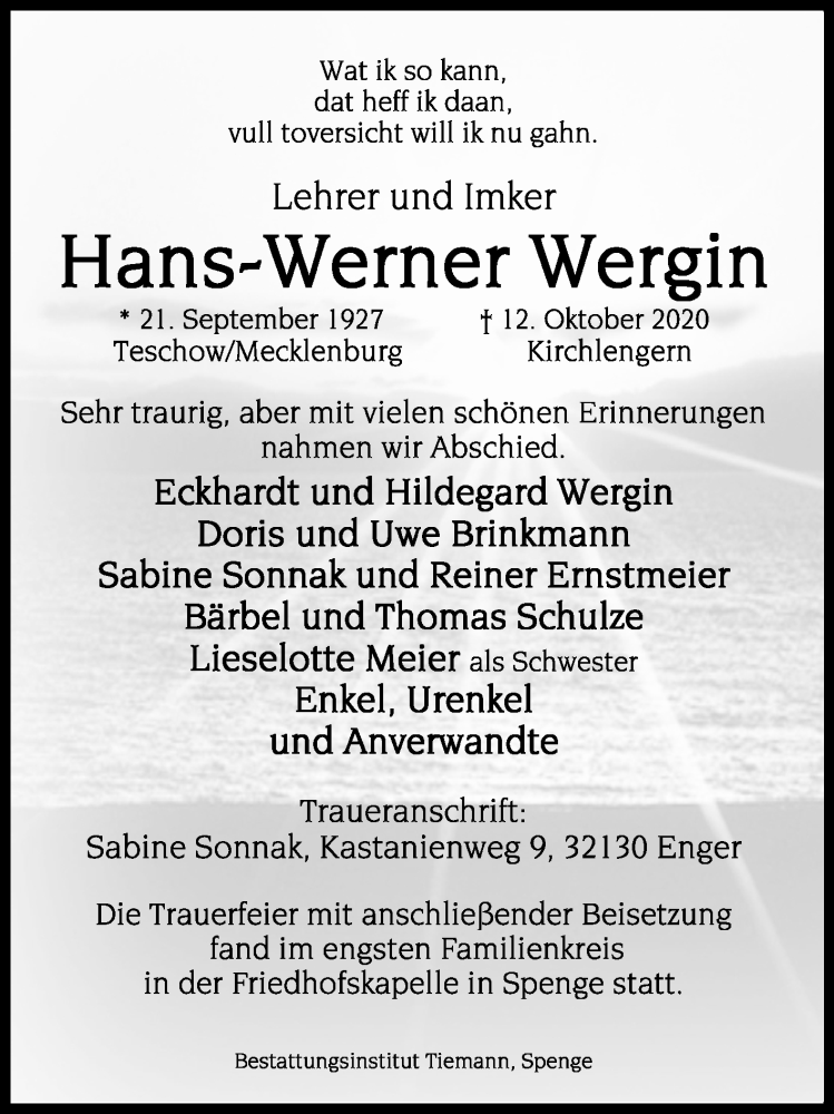  Traueranzeige für Hans-Werner Wergin vom 17.10.2020 aus Westfalen-Blatt