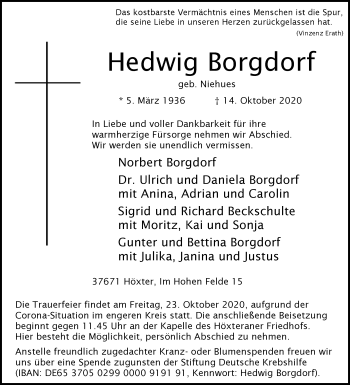 Traueranzeige von Hedwig Borgdorf von Westfalen-Blatt