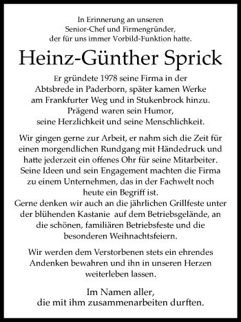 Traueranzeige von Heinz-Günther Sprick von Westfalen-Blatt