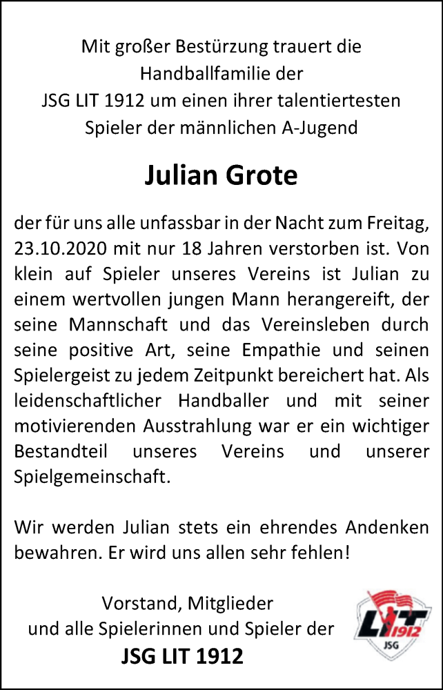  Traueranzeige für Julian Grote vom 27.10.2020 aus Westfalen-Blatt