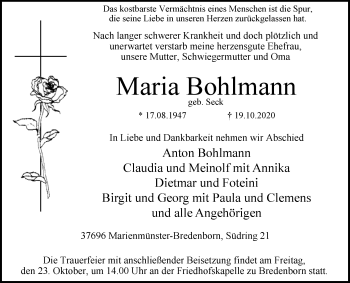 Traueranzeige von Maria Bohlmann von Westfalen-Blatt
