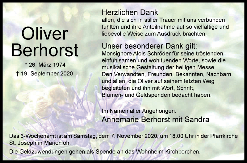  Traueranzeige für Oliver Berhorst vom 31.10.2020 aus Westfalen-Blatt