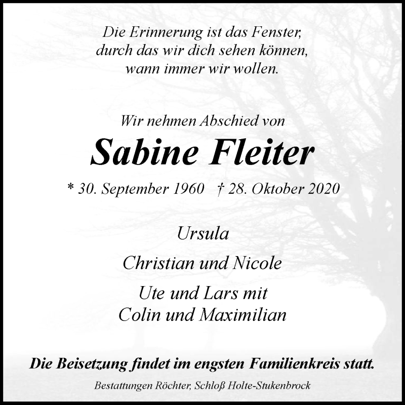  Traueranzeige für Sabine Fleiter vom 31.10.2020 aus Westfalen-Blatt