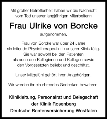 Traueranzeige von Ulrike von Borcke von Westfalen-Blatt