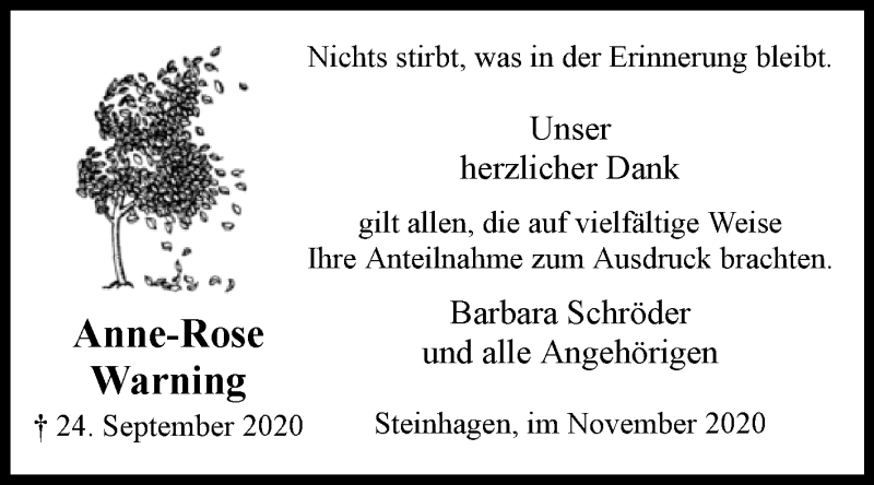  Traueranzeige für Anne-Rose Warning vom 07.11.2020 aus Westfalen-Blatt