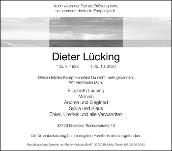 Traueranzeige von Dieter Lücking von Westfalen-Blatt