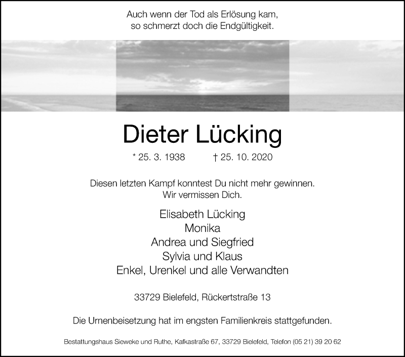  Traueranzeige für Dieter Lücking vom 07.11.2020 aus Westfalen-Blatt