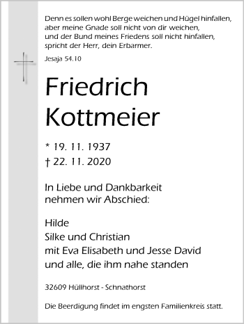 Traueranzeige von Friedrich Kottmeier von Westfalen-Blatt