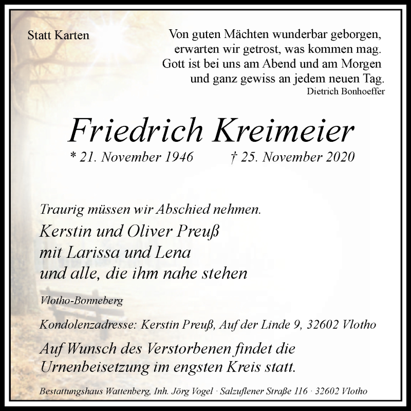  Traueranzeige für Friedrich Kreimeier vom 26.11.2020 aus Westfalen-Blatt