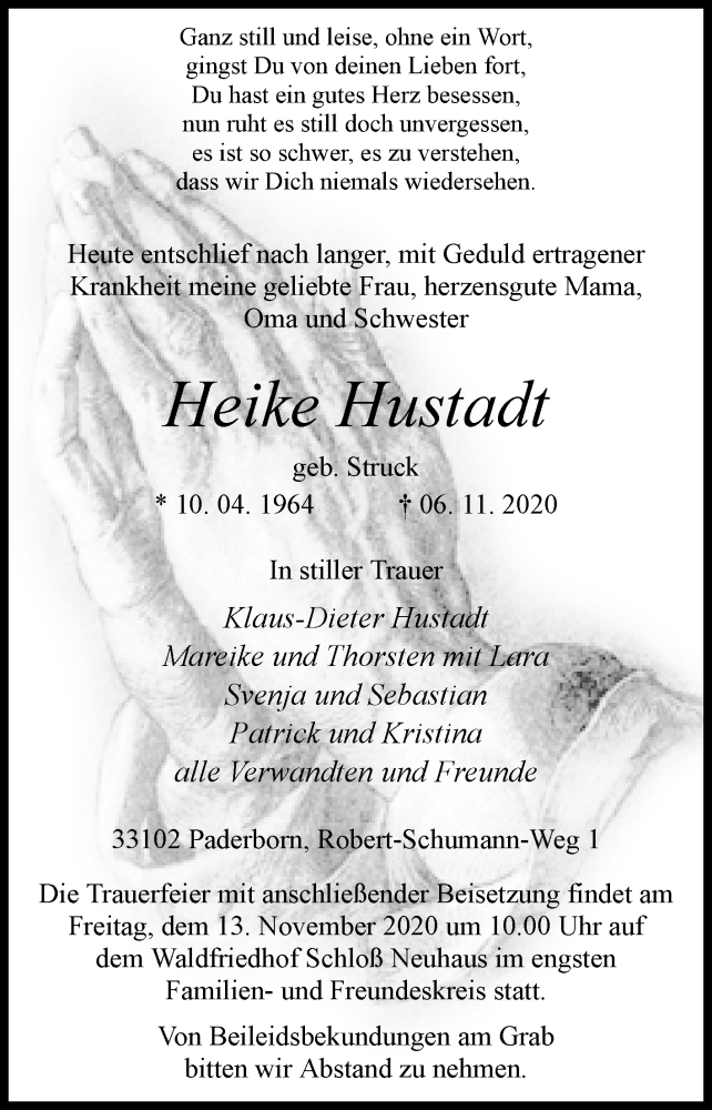  Traueranzeige für Heike Hustadt vom 10.11.2020 aus Westfalen-Blatt