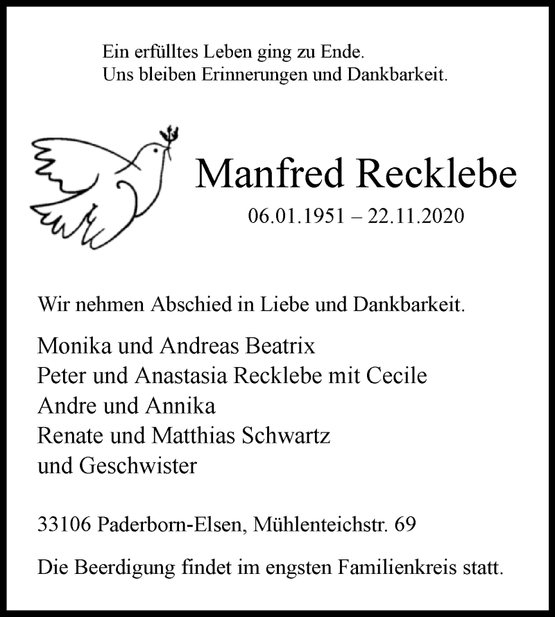  Traueranzeige für Manfred Recklebe vom 28.11.2020 aus Westfalen-Blatt