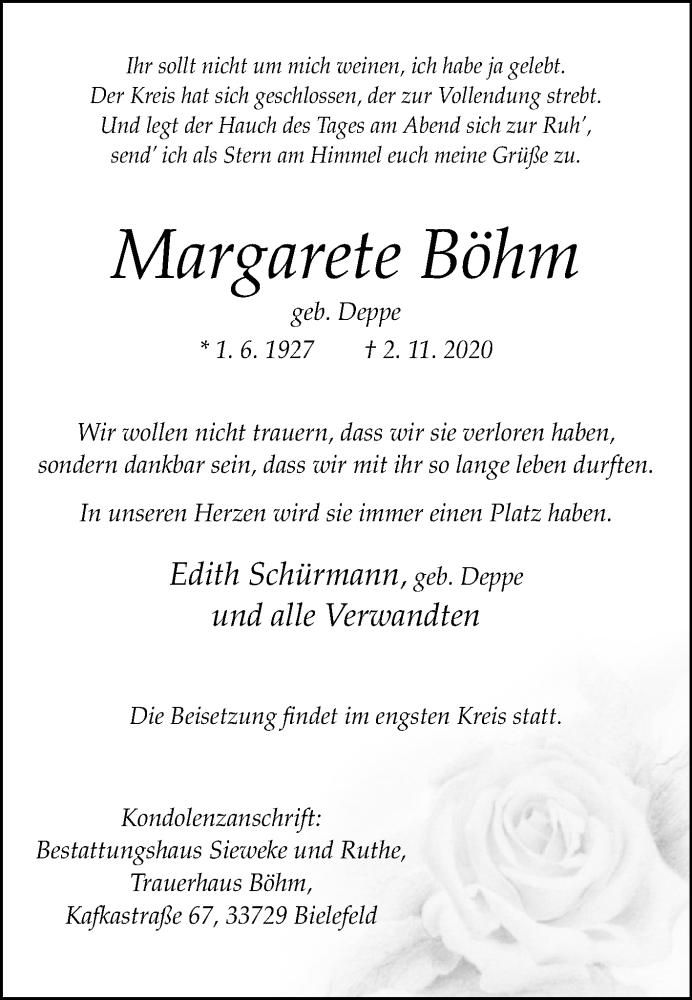  Traueranzeige für Margarete Böhm vom 07.11.2020 aus Westfalen-Blatt