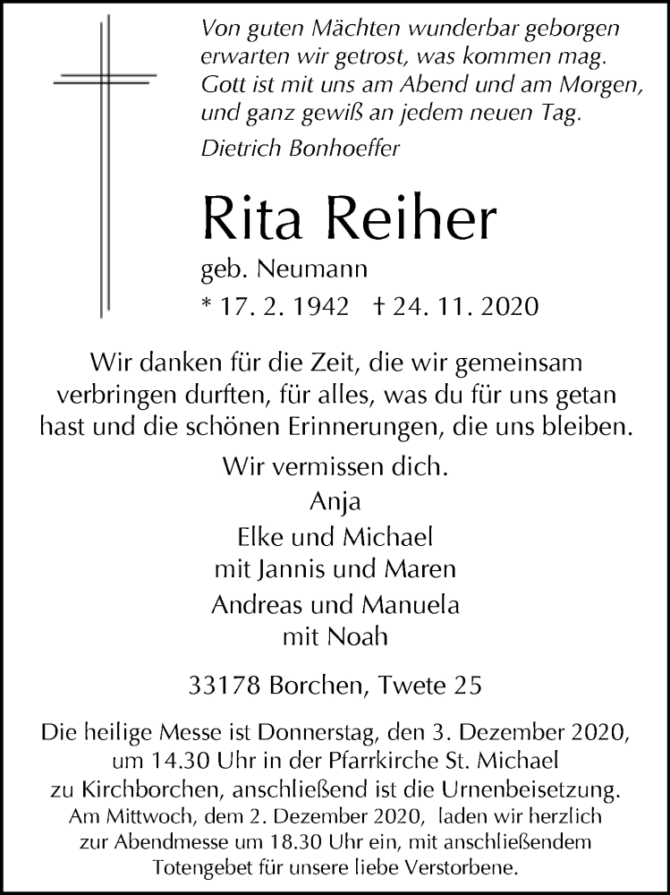  Traueranzeige für Rita Reiher vom 28.11.2020 aus Westfalen-Blatt