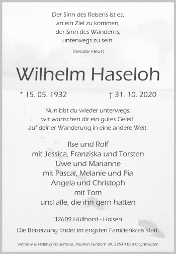 Traueranzeige von Wilhelm Haseloh von Westfalen-Blatt