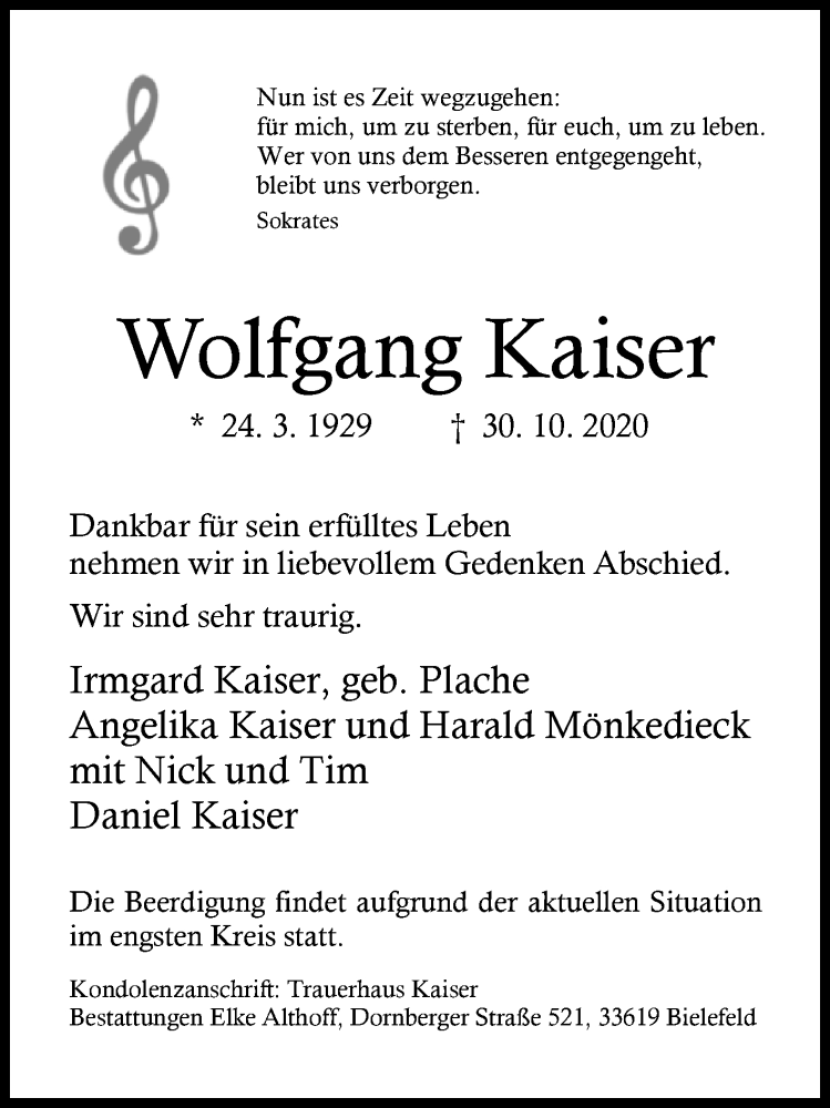  Traueranzeige für Wolfgang Kaiser vom 07.11.2020 aus Westfalen-Blatt
