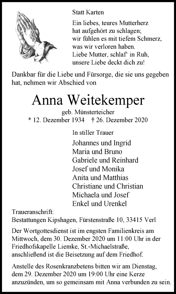  Traueranzeige für Anna Weitekemper vom 29.12.2020 aus Westfalen-Blatt