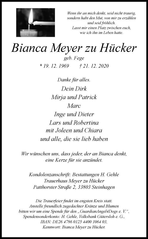  Traueranzeige für Bianca  Meyer zu Hücker vom 28.12.2020 aus Westfalen-Blatt